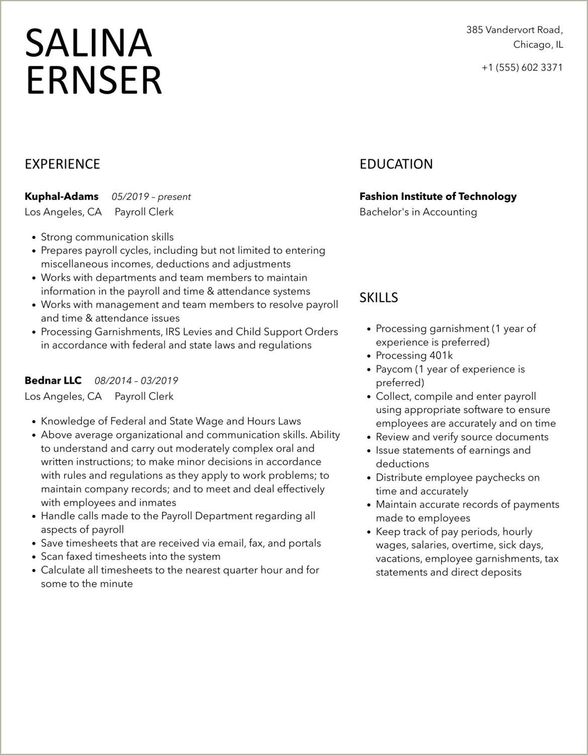 Job Description Of Payroll Clerk Resume