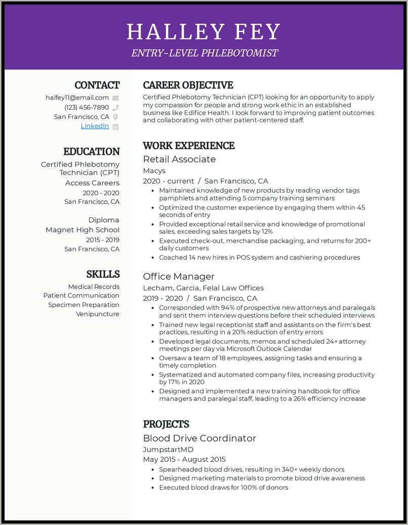 Job Description Of Phlebotomist For Resume