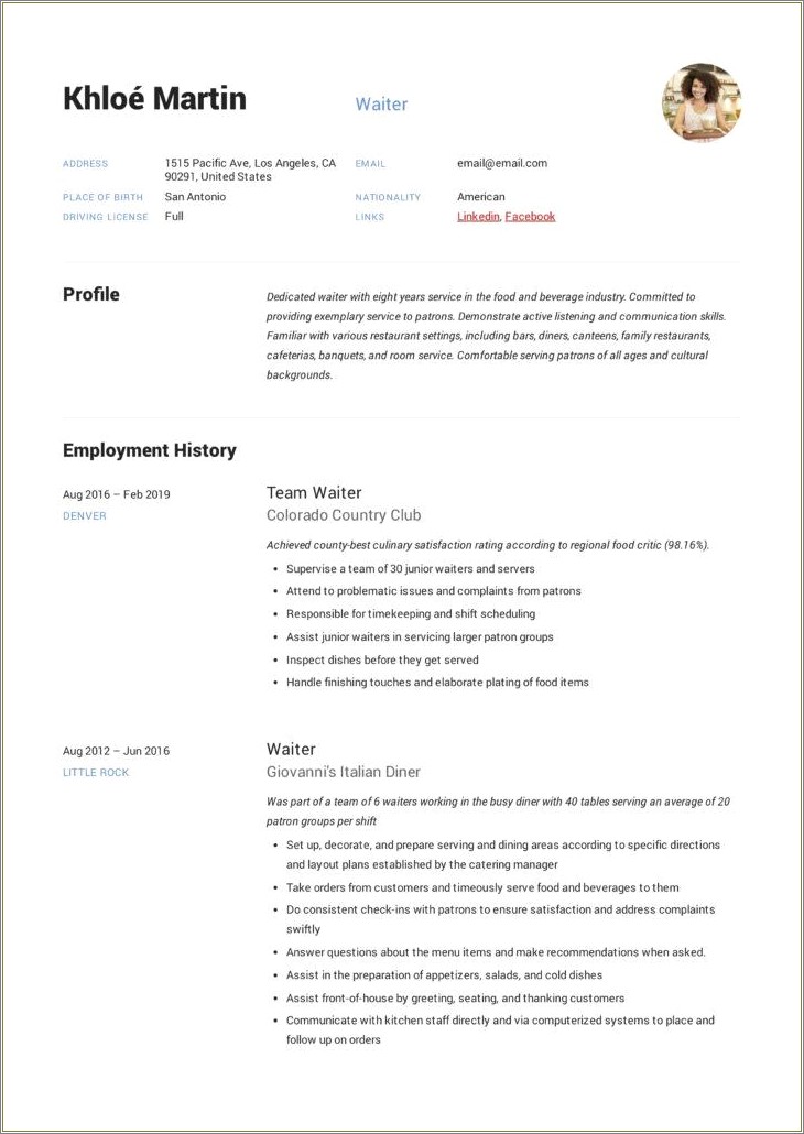 Job Description Of Waiter For Resume