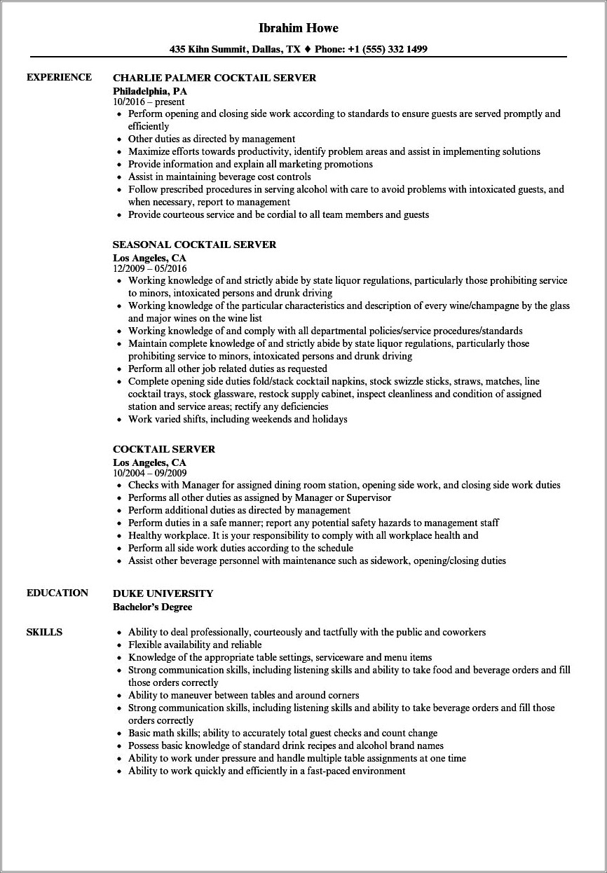 Job Description On Resume For Waitress