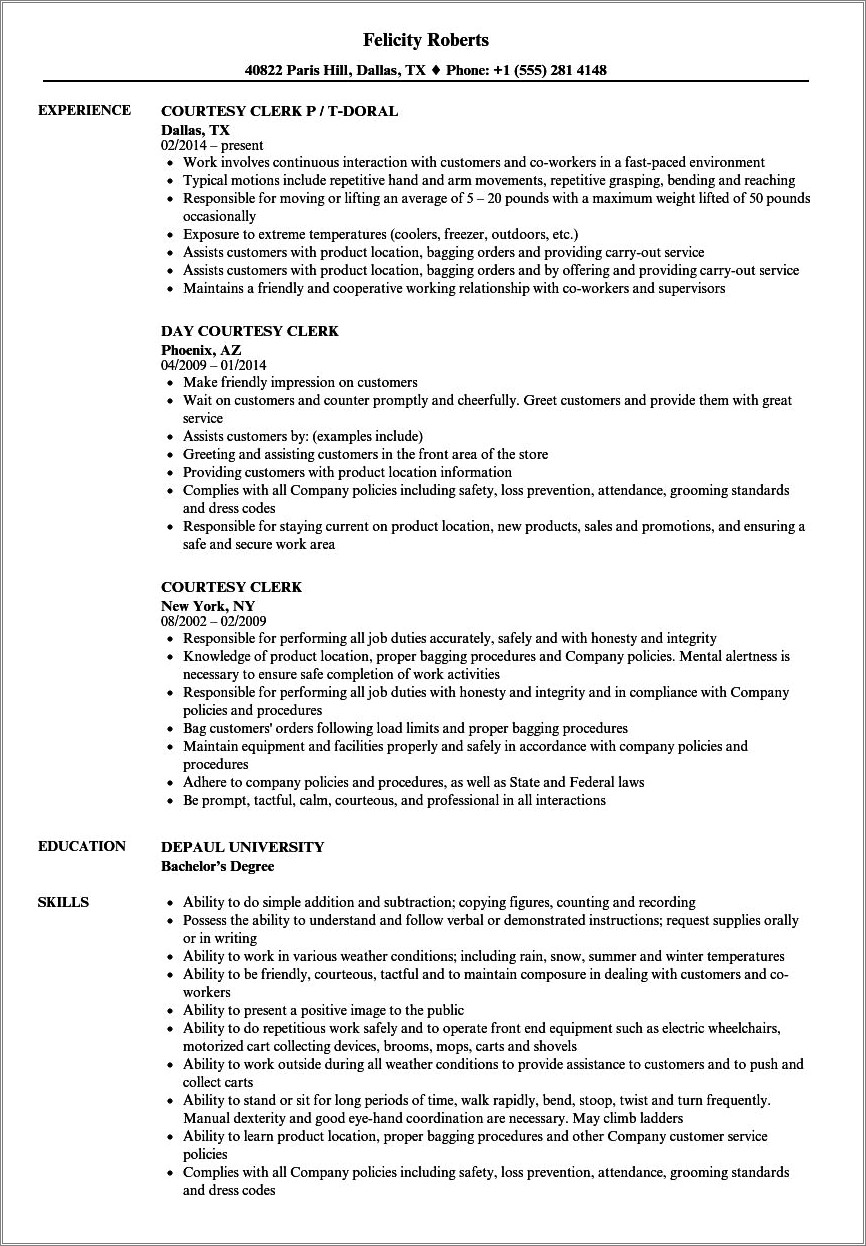 Job Description Resume Examples For Courtesy Clerk