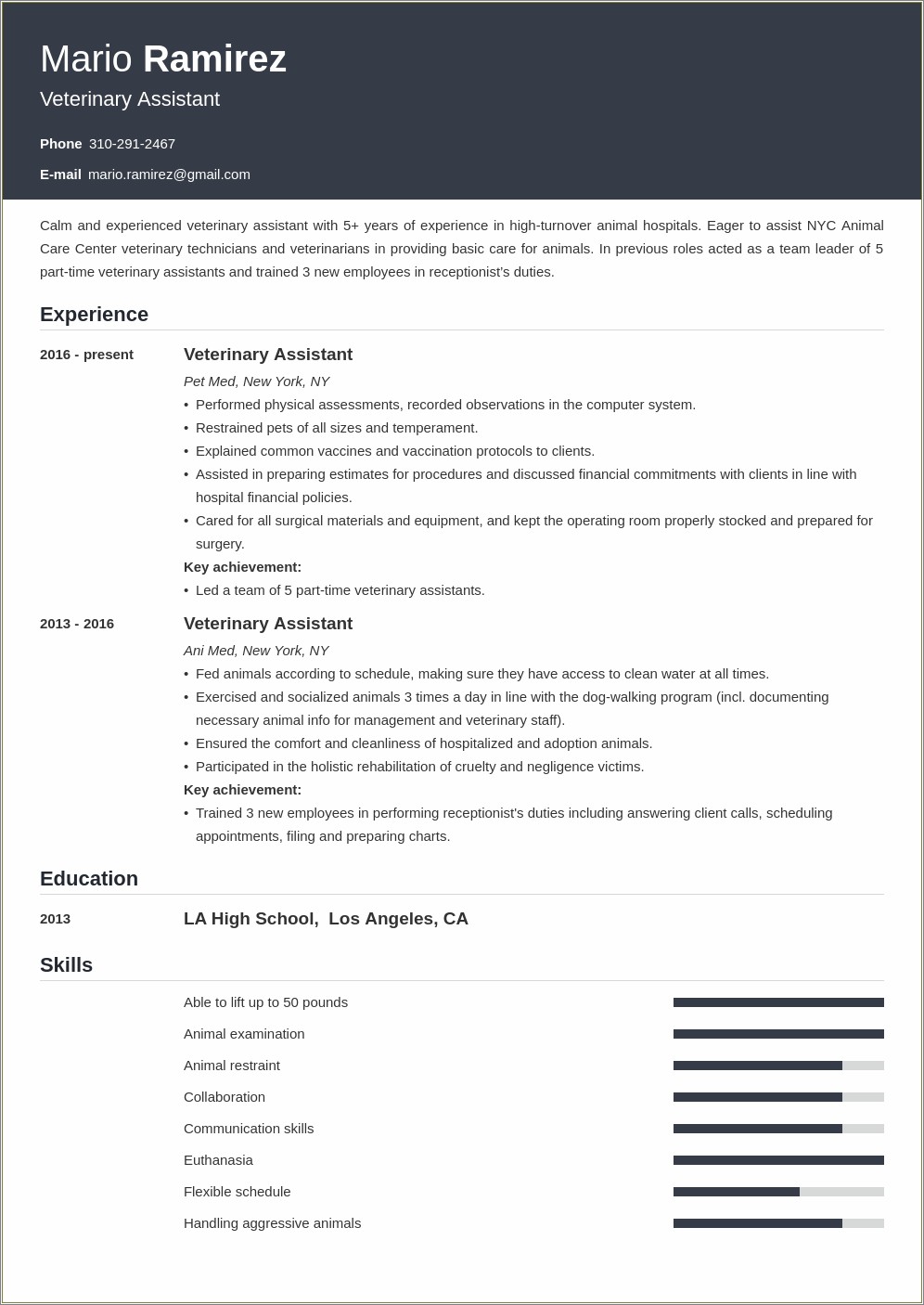 Job Description Resume Examples For Veterinary Assistant