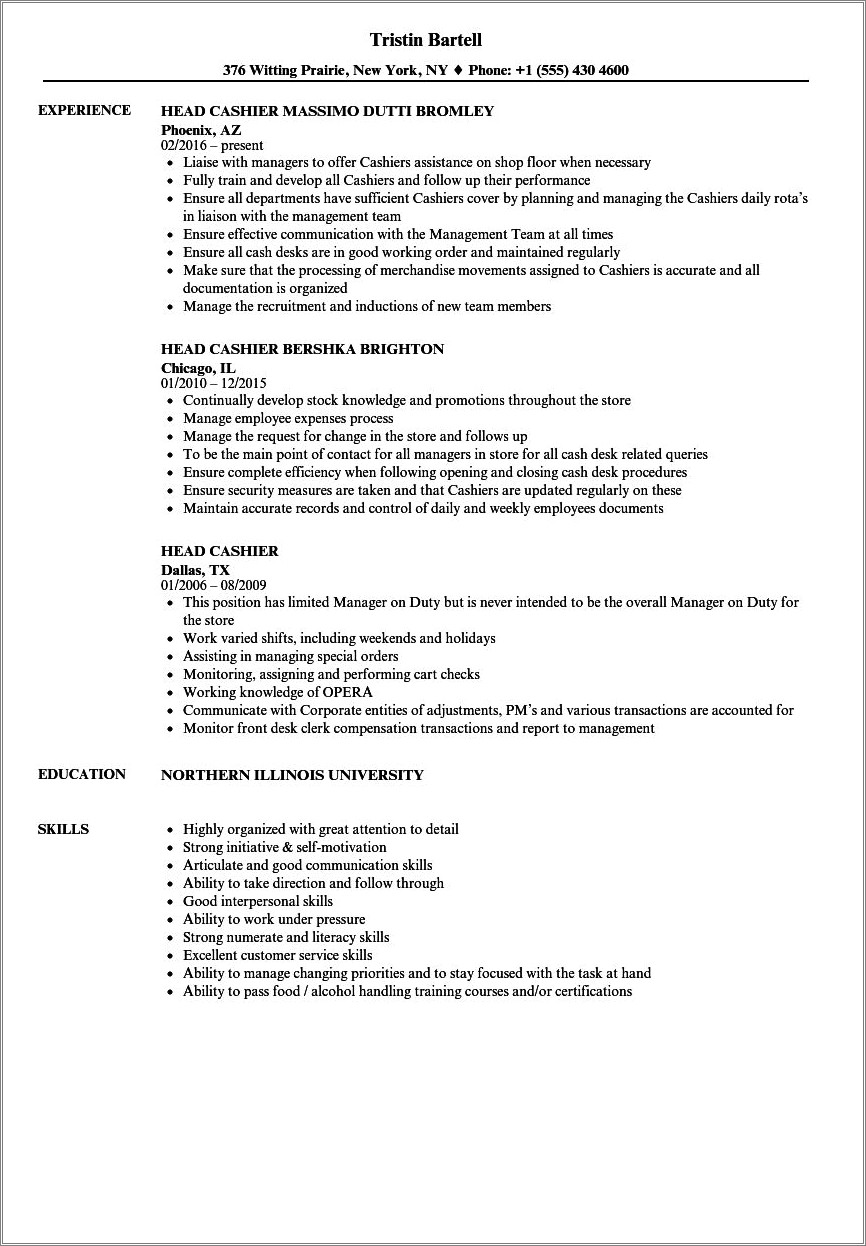 Job Descriptions For Cashier Job On Resume