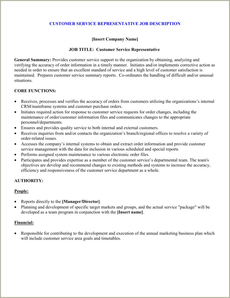 Job Descriptions For Customer Service Representative For Resume