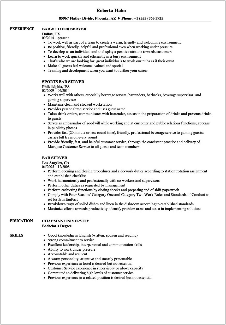 Job Descriptions For Resume For Server