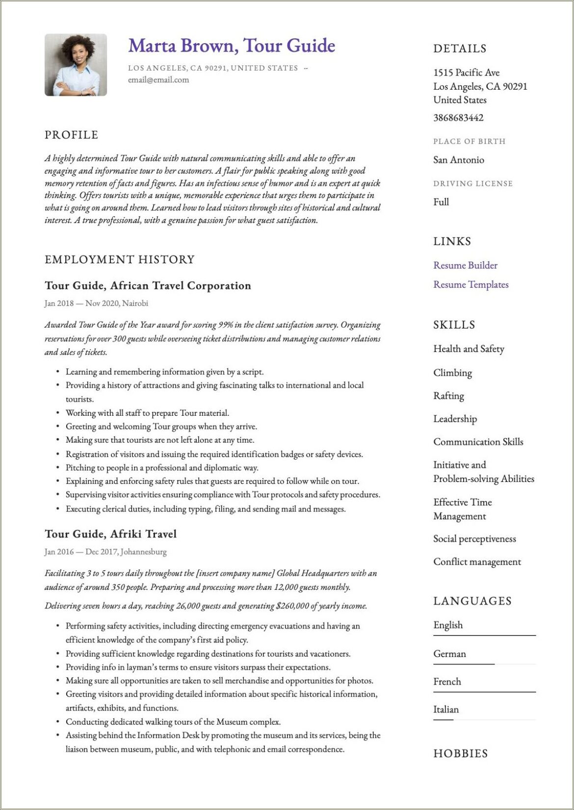 Job Descriptions On Resume For Tour Guide