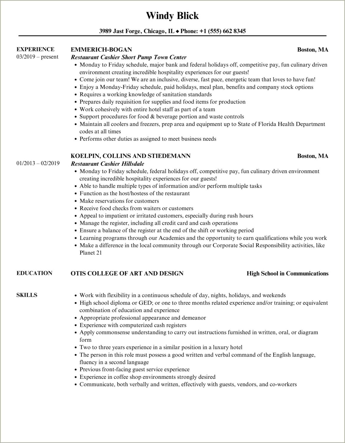 Job Duties Fast Food Cashier Resume