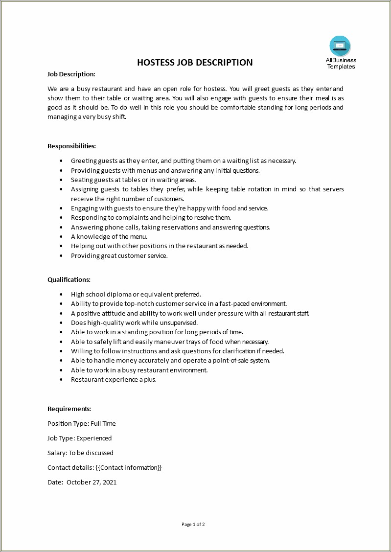 Job Duties For Hostess On Resume