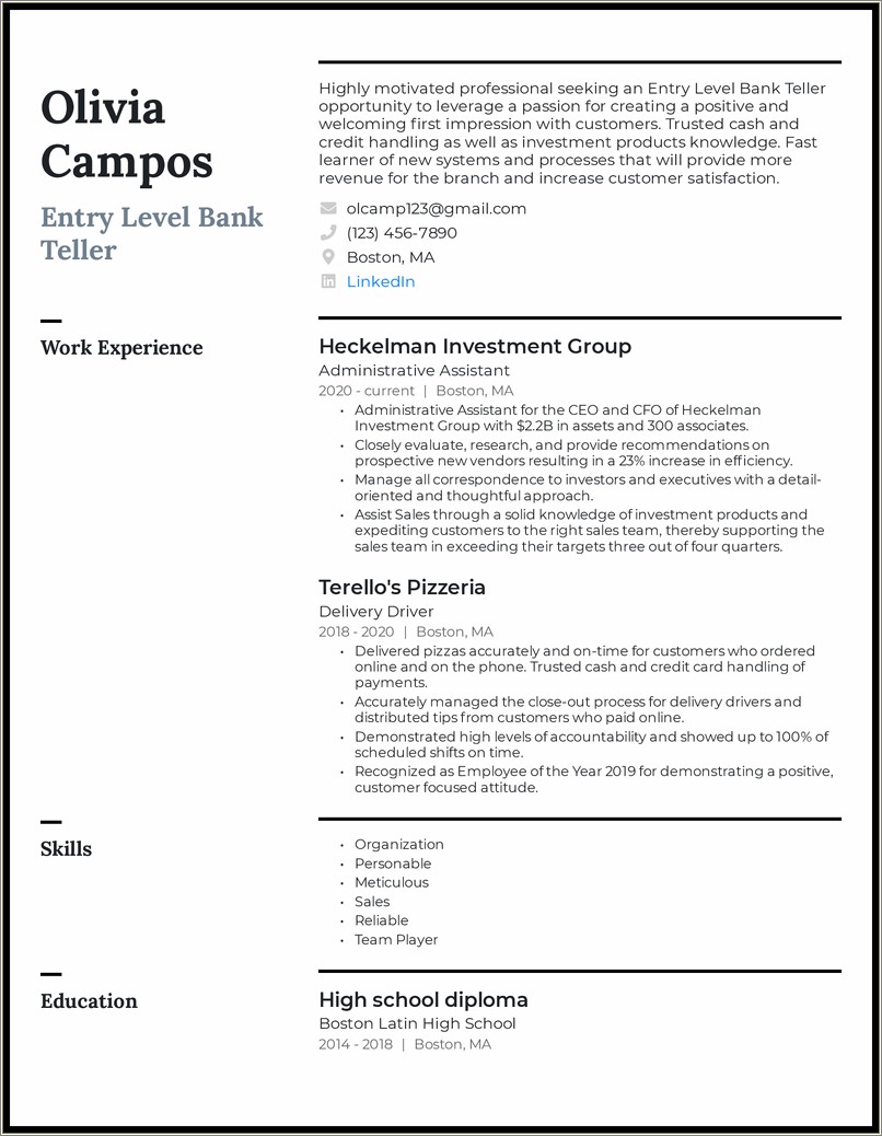 Job Duties Of A Bank Teller For Resume