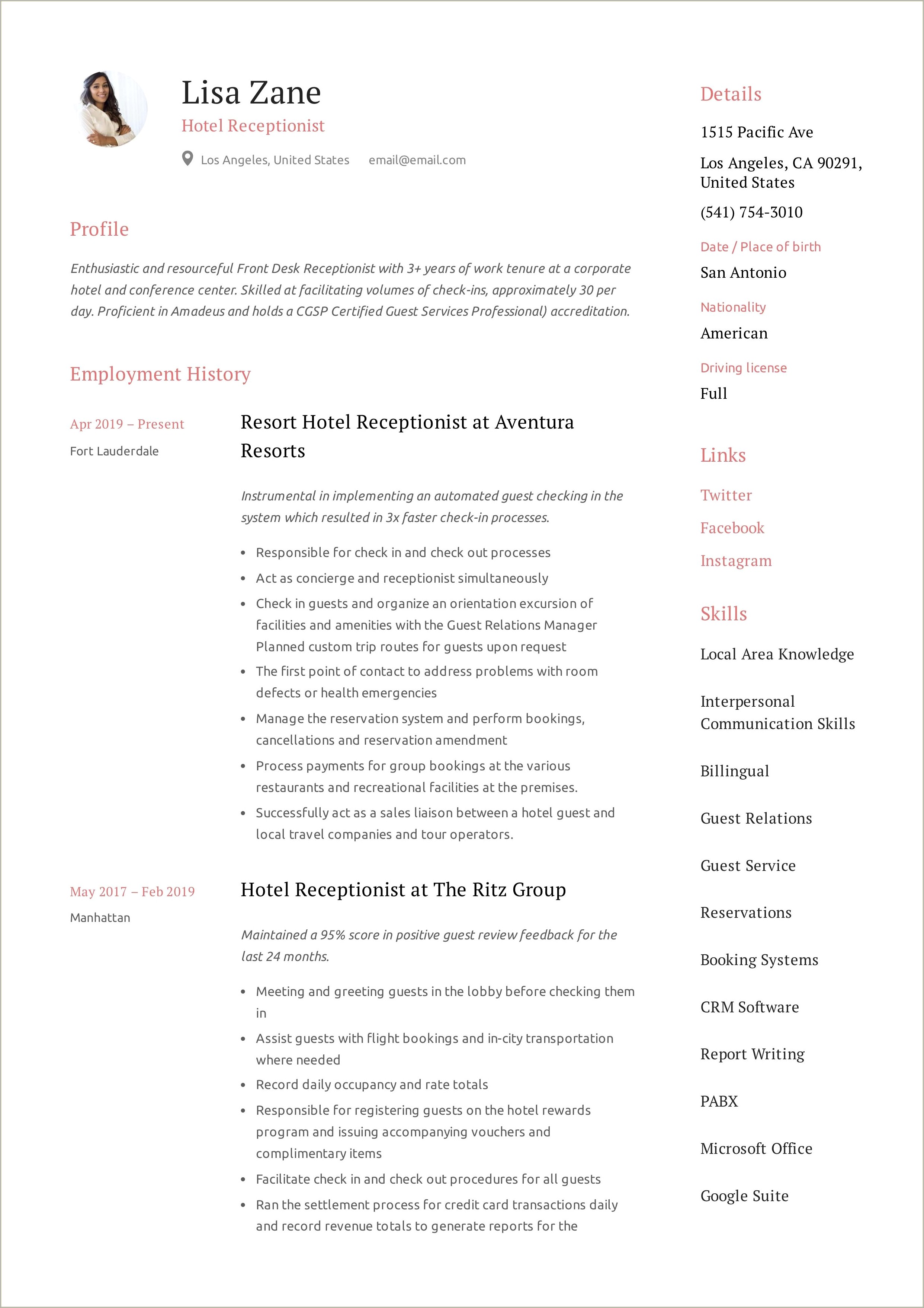 Job Duties Of A Hotel Receptionist Resume Example