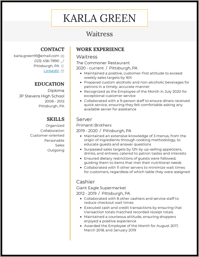 Job Duties Of A Waitress Resume