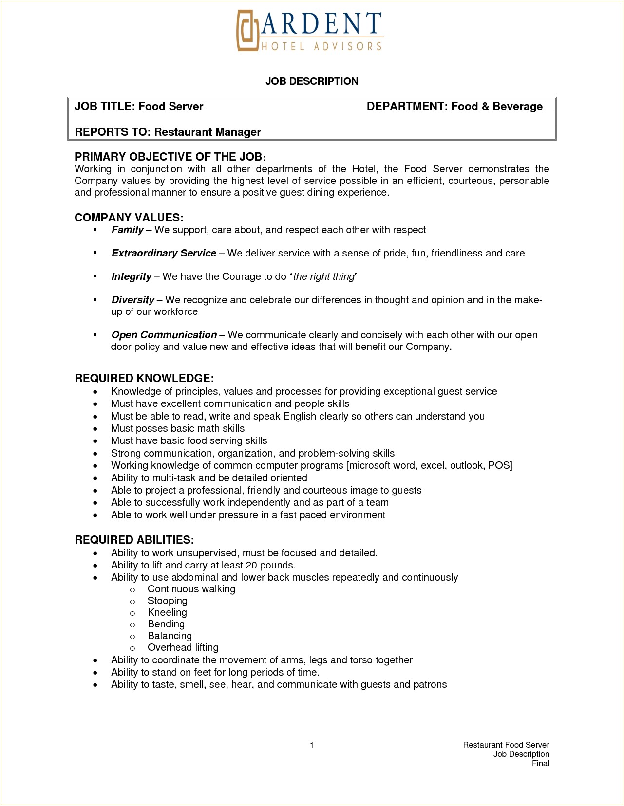 Job Duties Of The Weitress For Resume