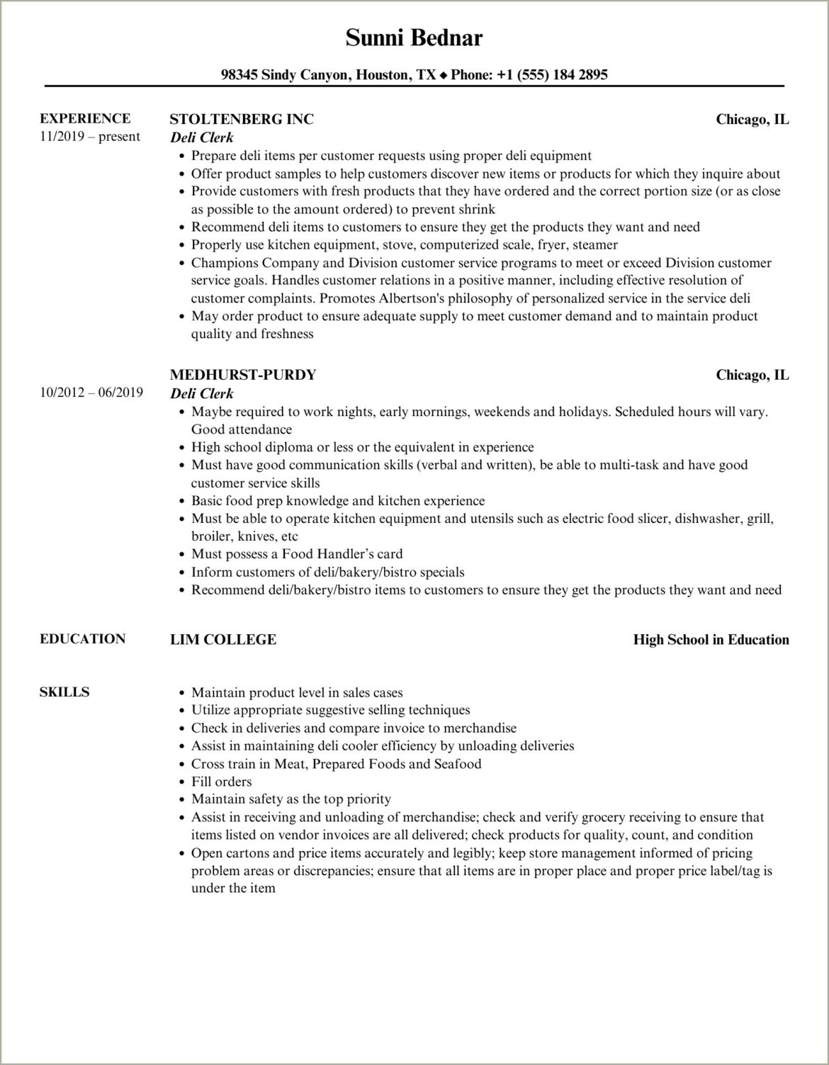 Job Duties Responsibilites For Deli Clerk On Resume