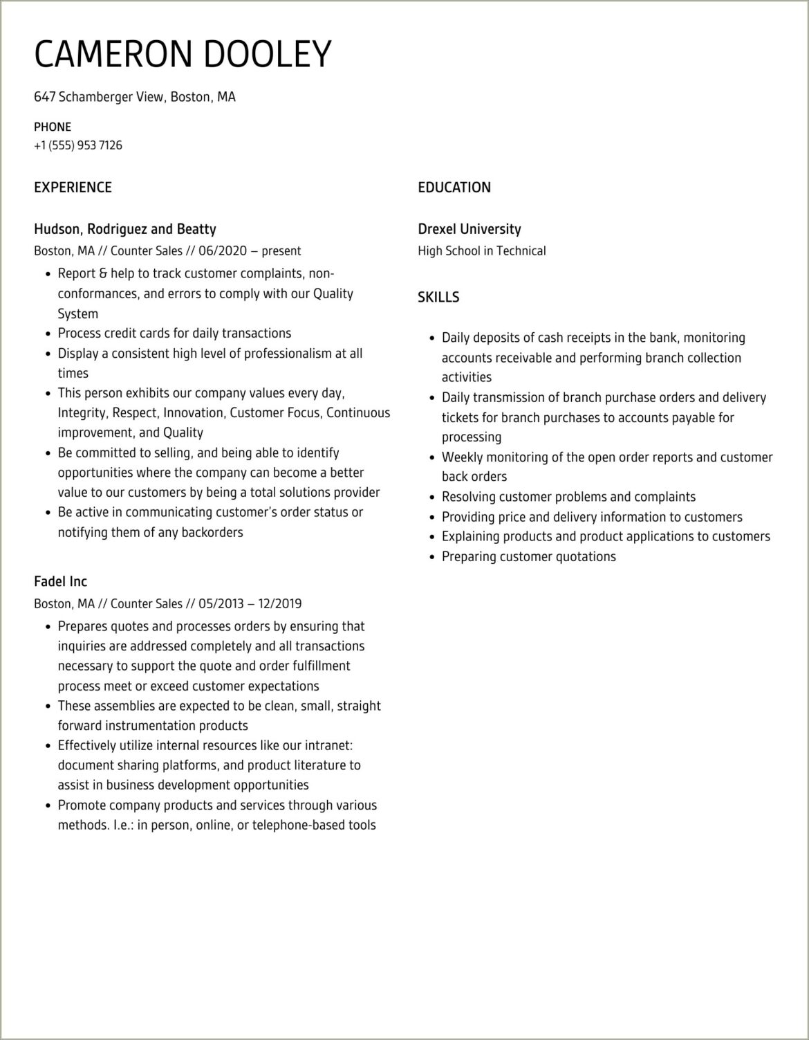 Job Name Working Behind Sales Counter Resume