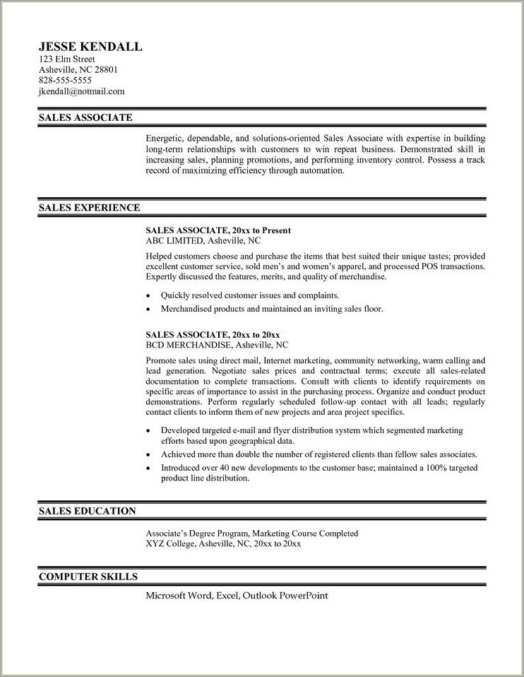 Job Objective For Resume Sales Associate