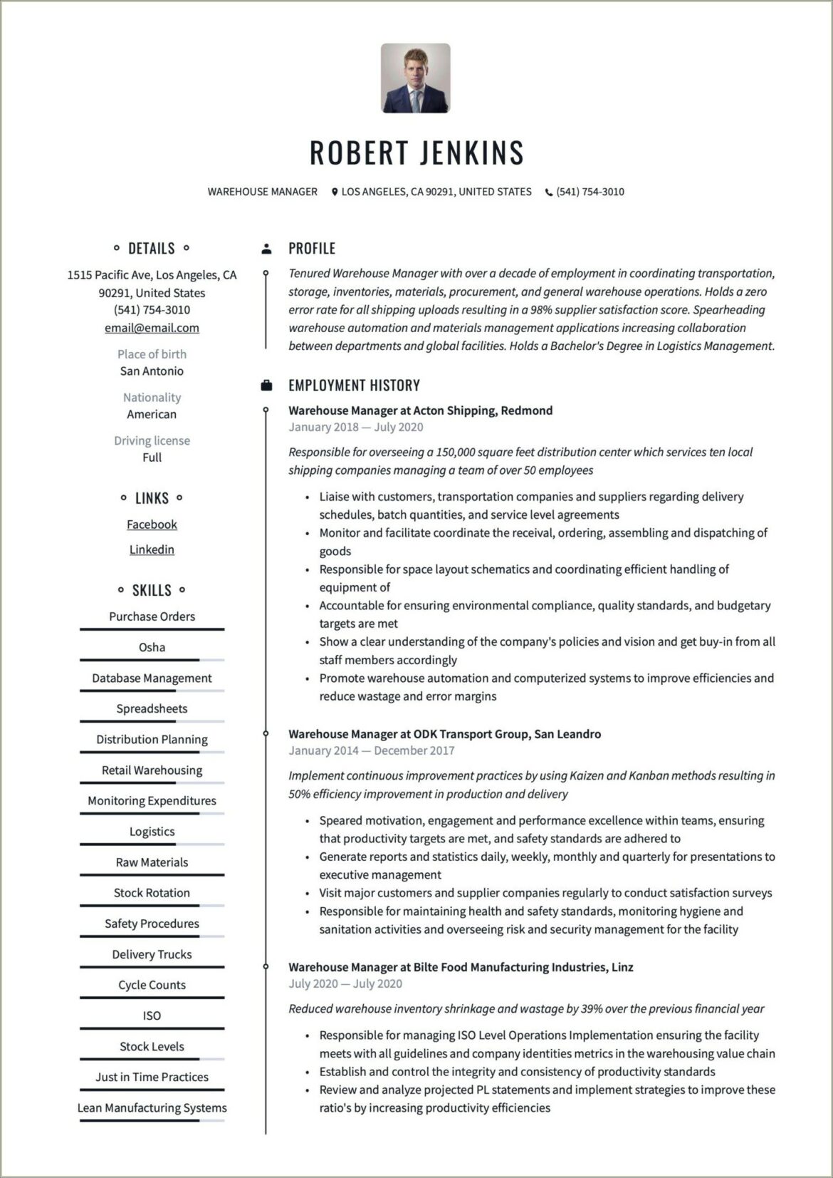 Job Qualificaton Warehouse Management Resume Samples