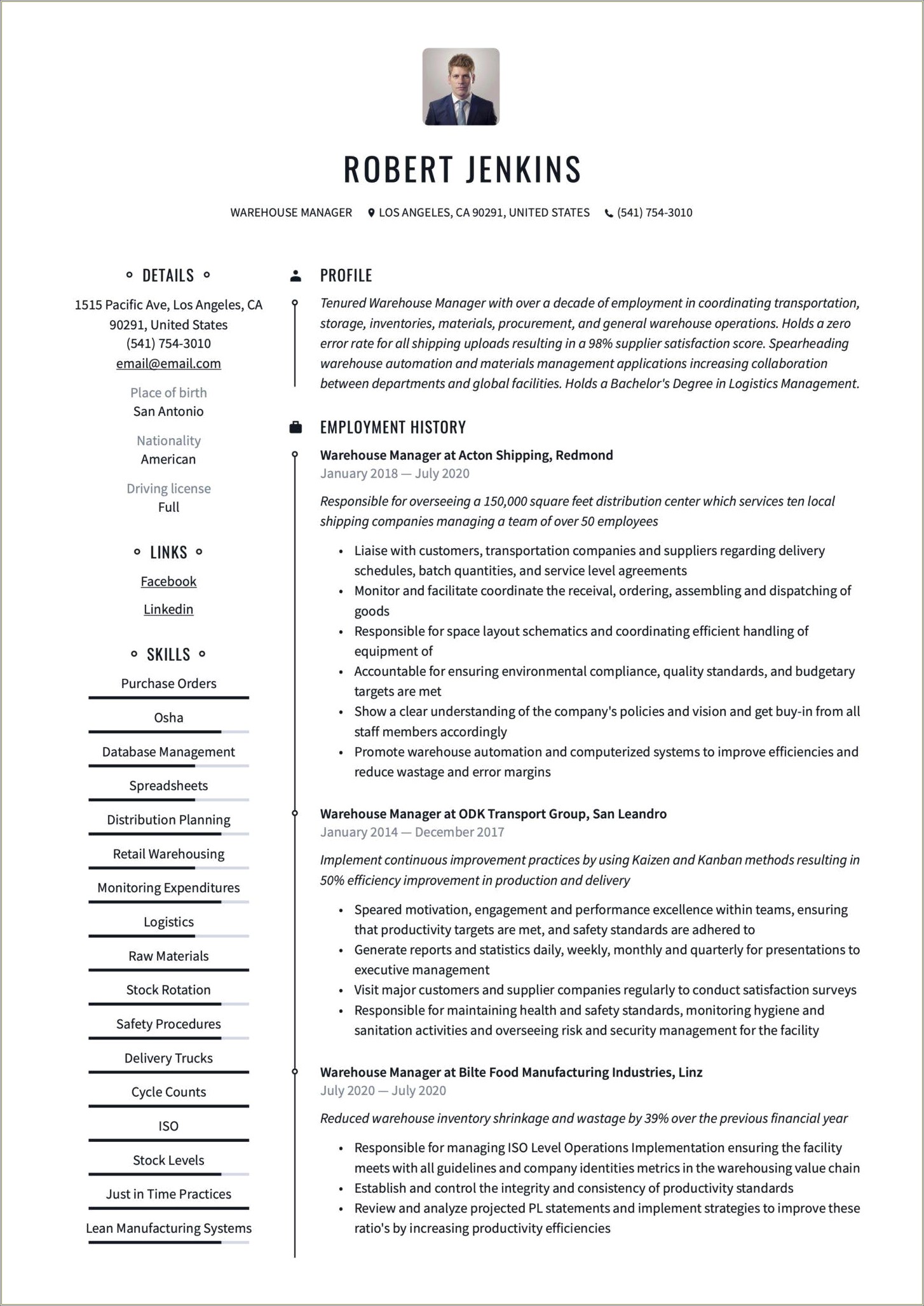 Job Qualificaton Warehouse Management Resume Samples