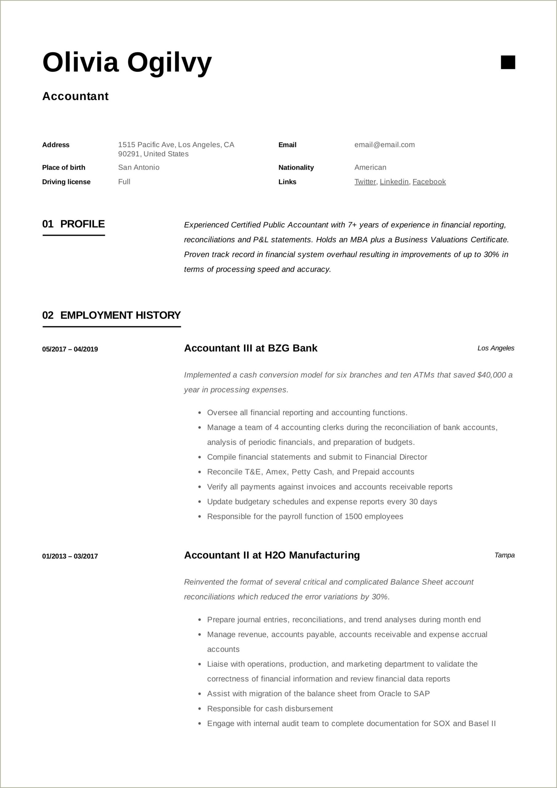 Job Responsibilities Of Accountant In Resume