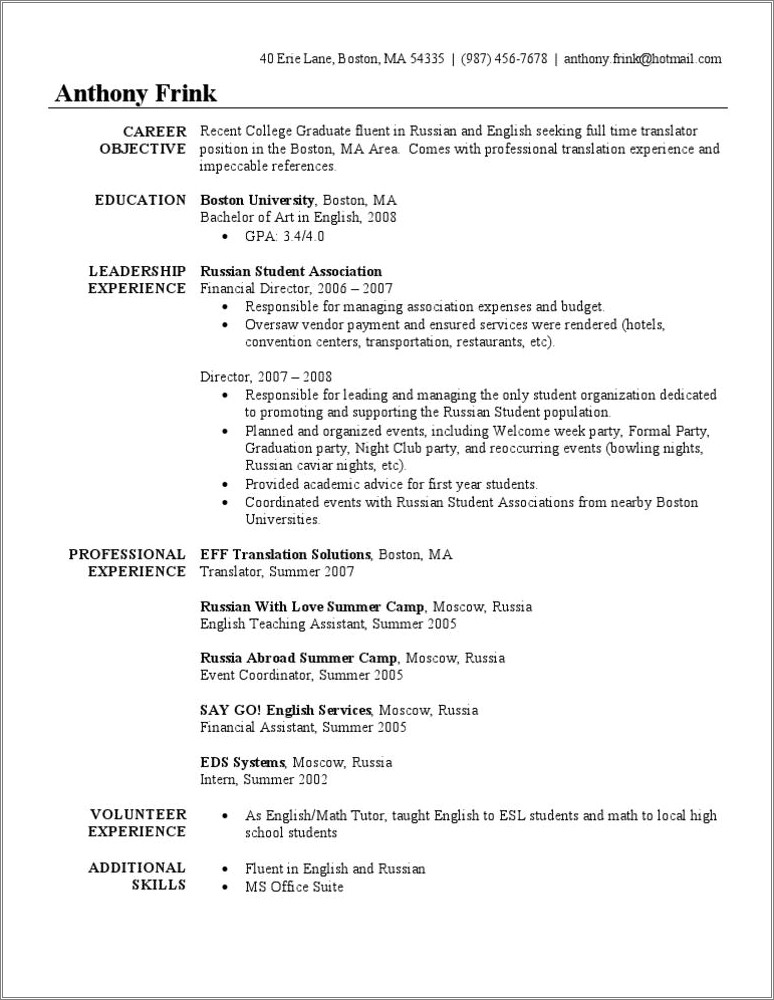 Job Resume For Teaching English Abroad