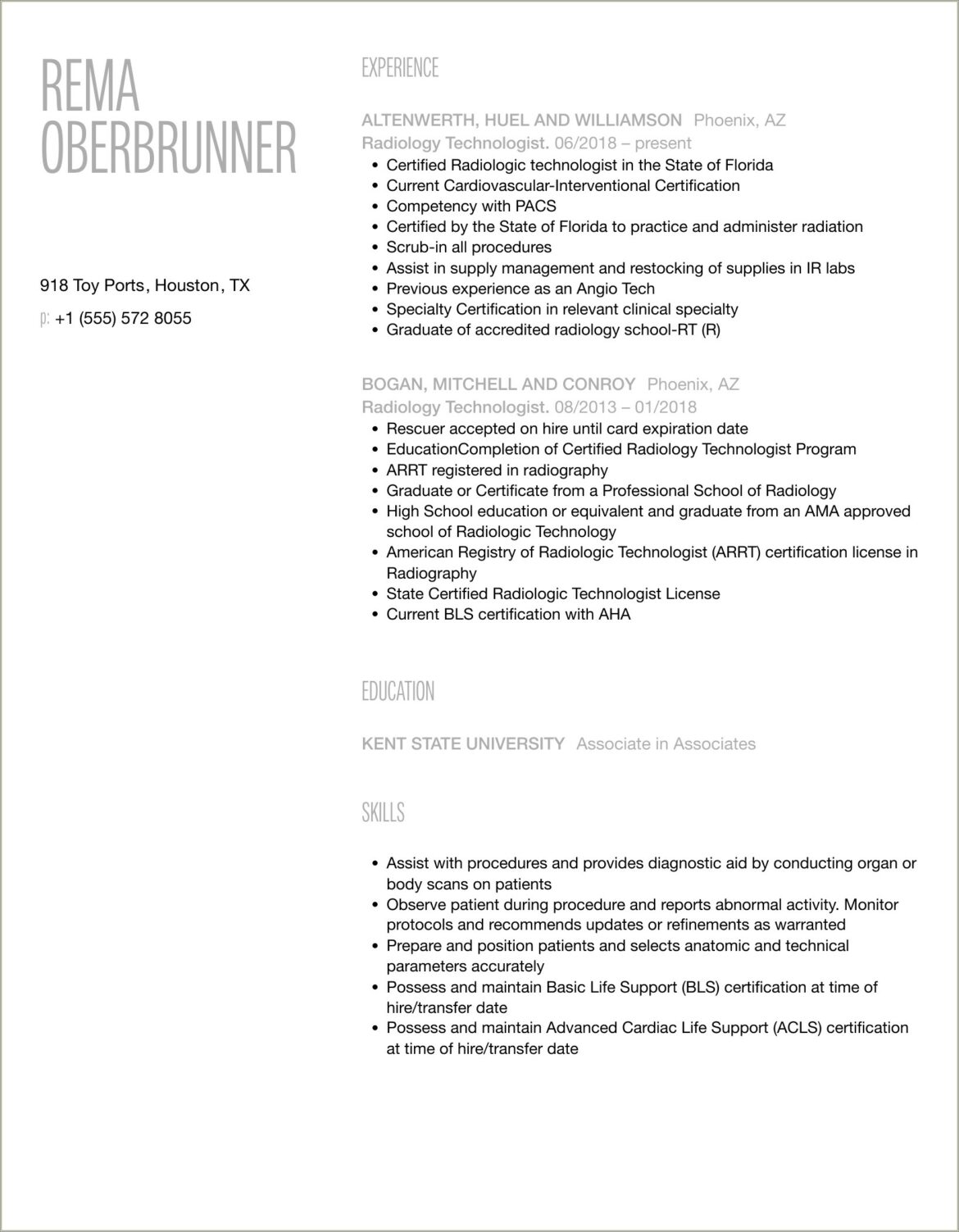 Job Resume Objective For A Radiologic Technologist