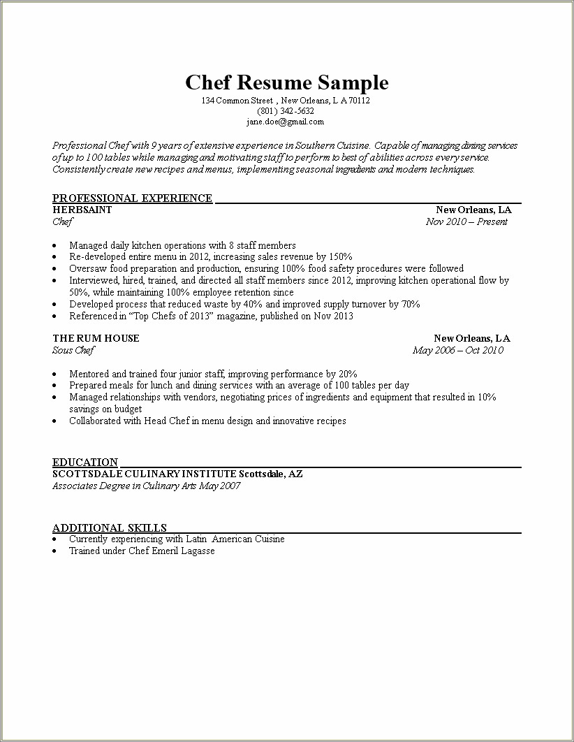 Job Skills For A Culinary Resume