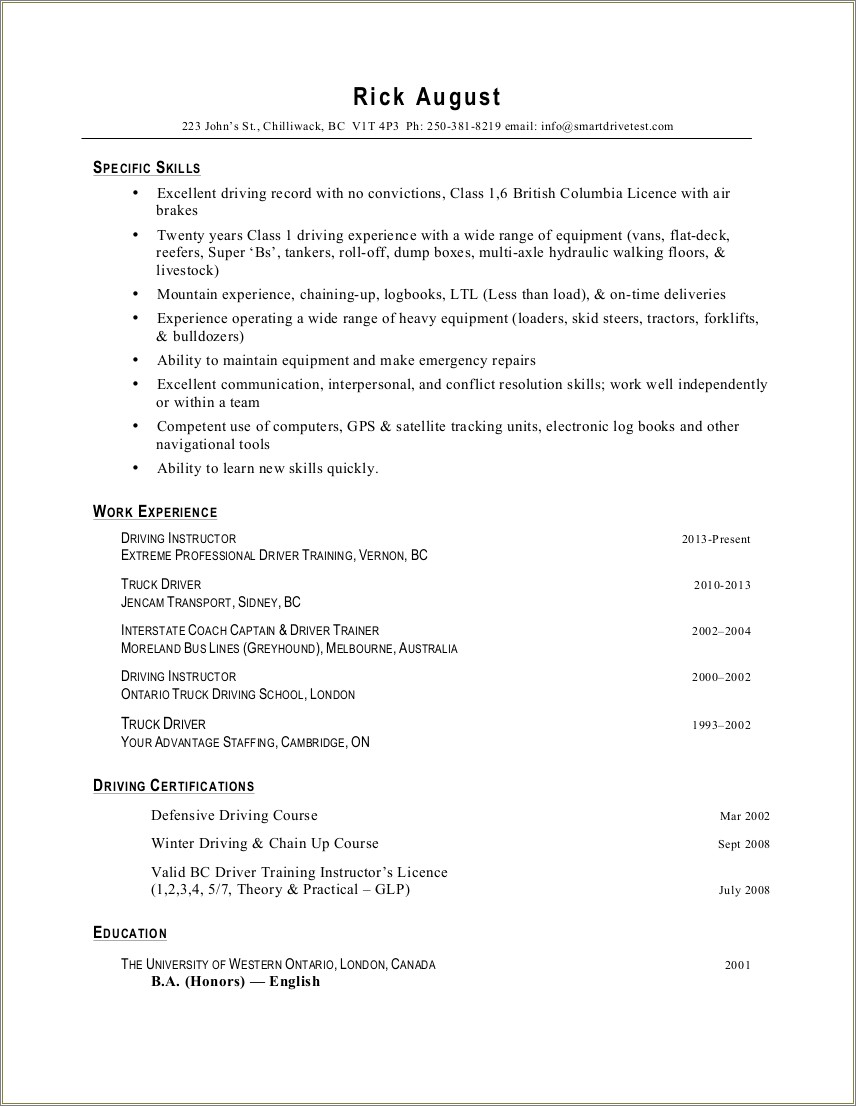 Job Skills For Bus Driver Resume