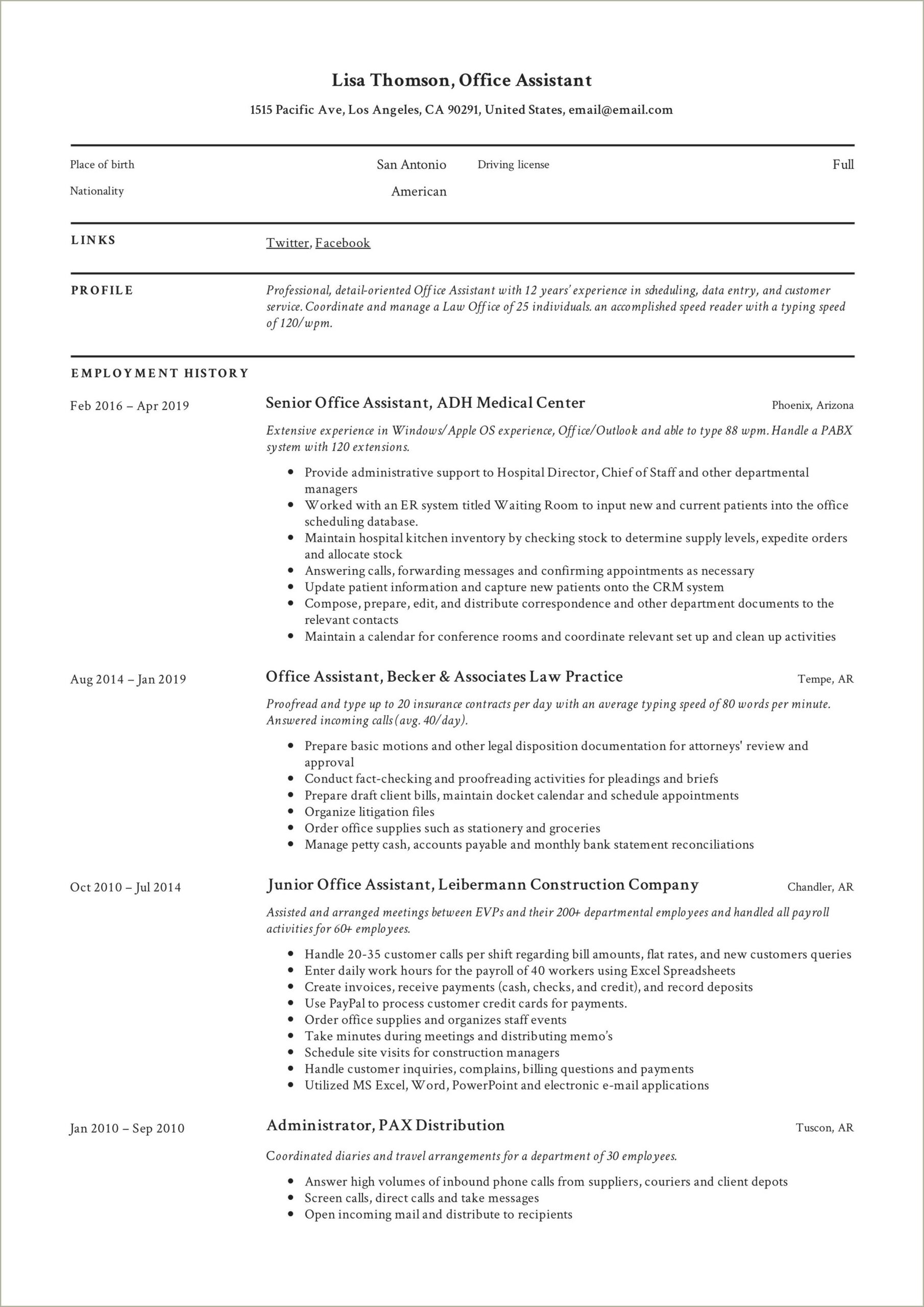 Job Summary For A Resume Of Office Assistant