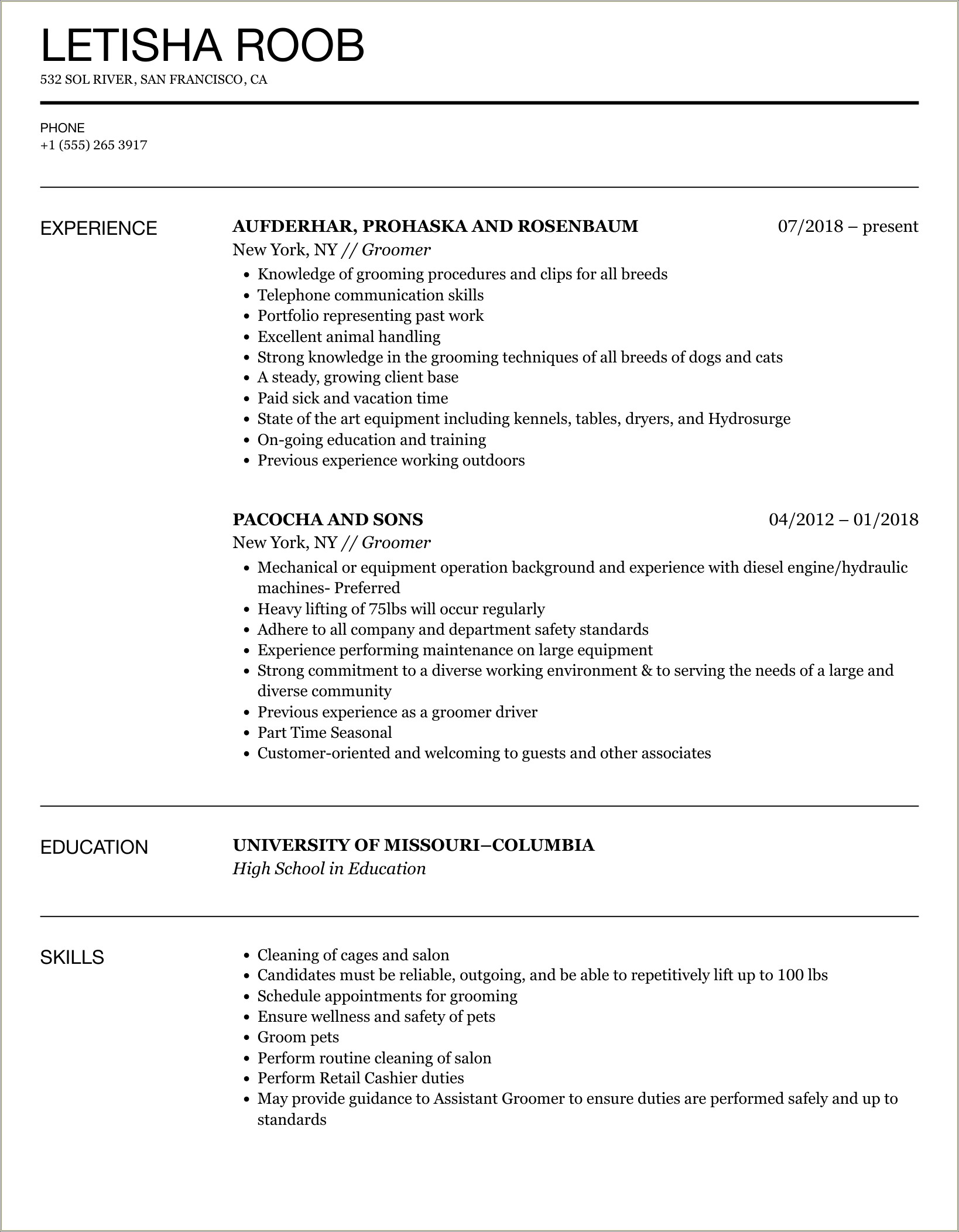 Job Tasks For Groomer On Resume