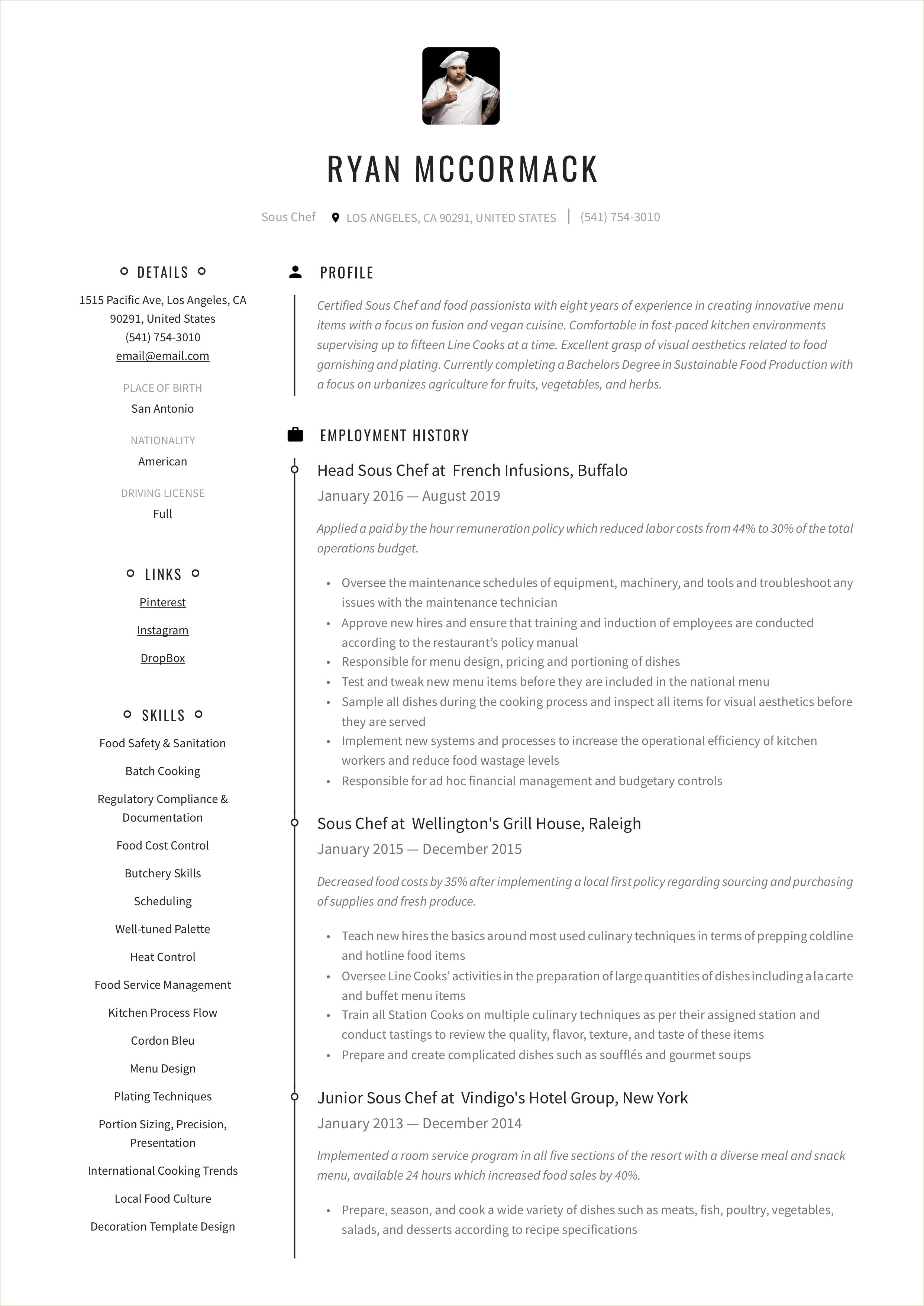 Jobhere Junior Sous Chef Sample Resume