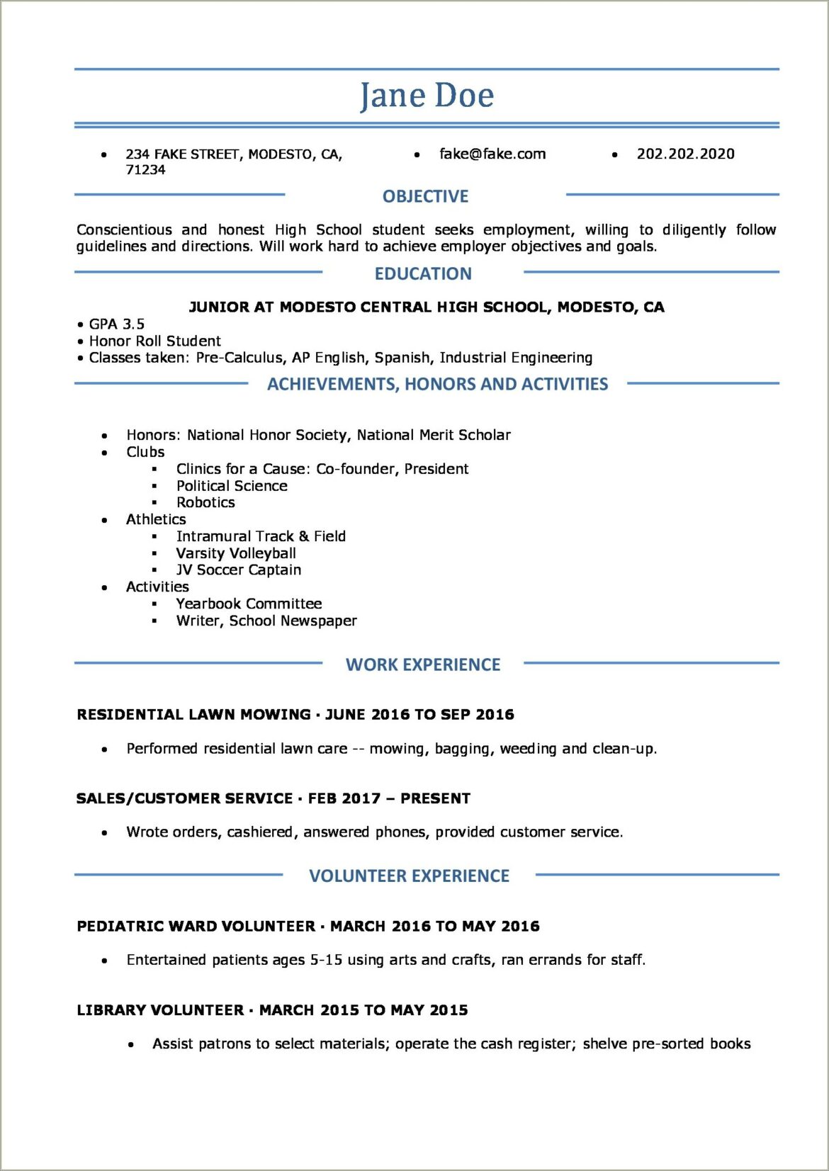 Jobs For High School Students Resume