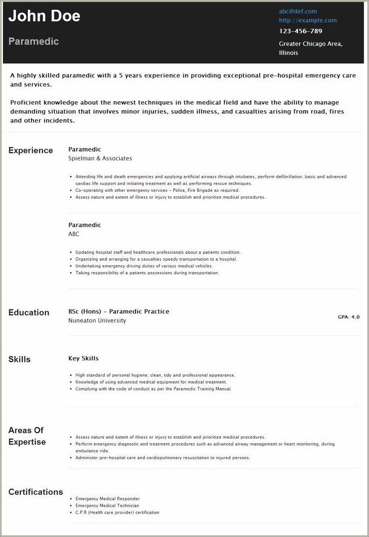 Jobs That Look Good For Paramedoc Resume