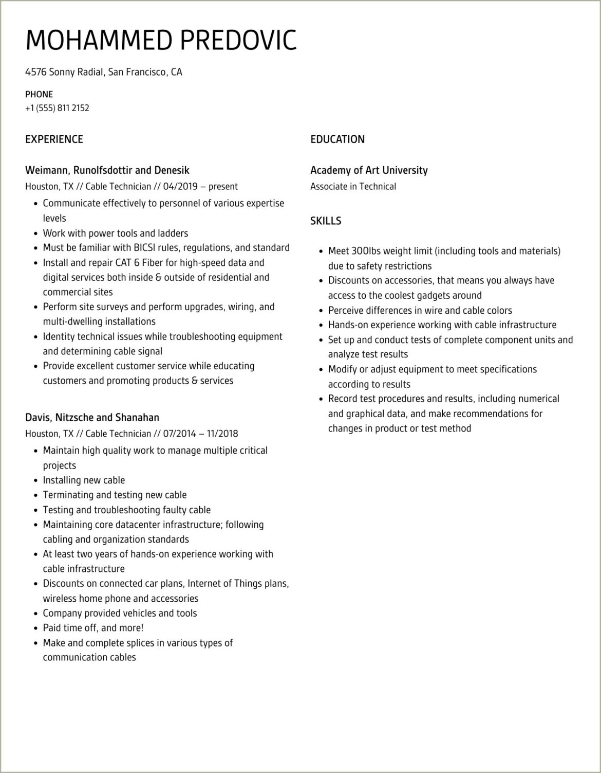 Journeyman Cable Splicer Job Duties Resume