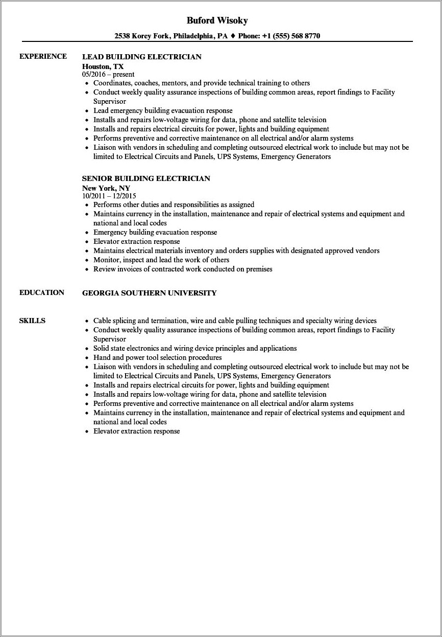 Journeyman Electrician Job Description For Resume