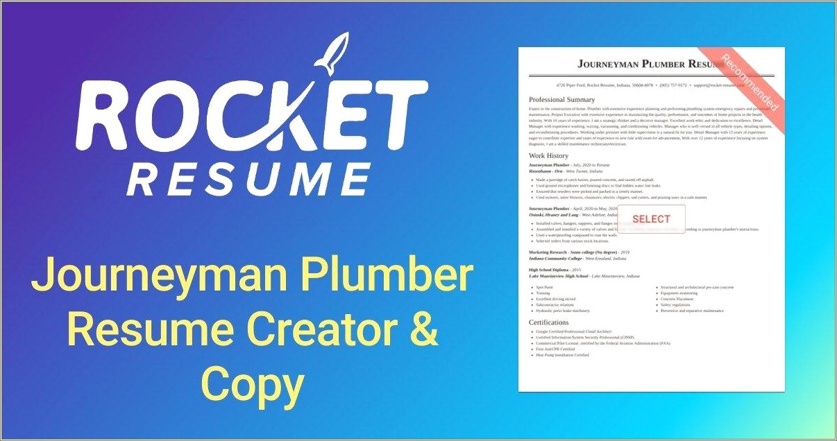 Journeyman Plumber Job Description For Resume
