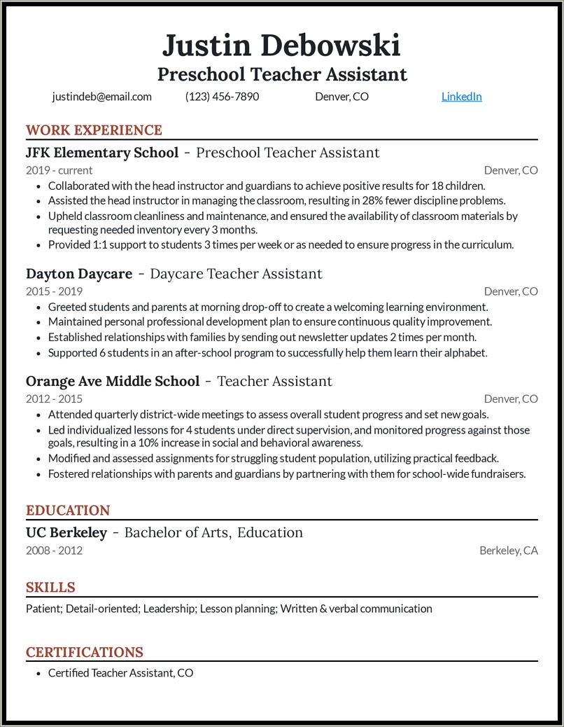 Jr High School Teacher Assistant Resume Sample