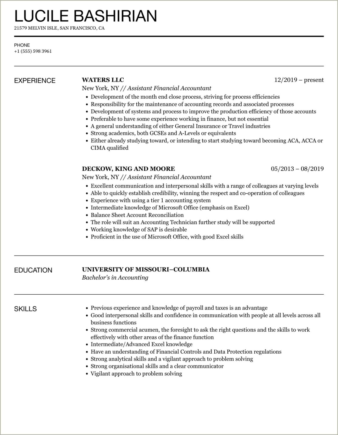 Junior Accountant Resume Sample In Word