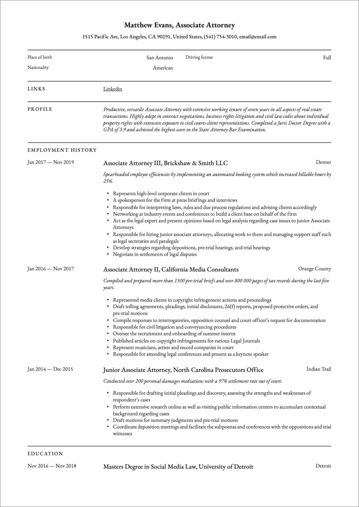 Junior Associate Big Law Sample Resume