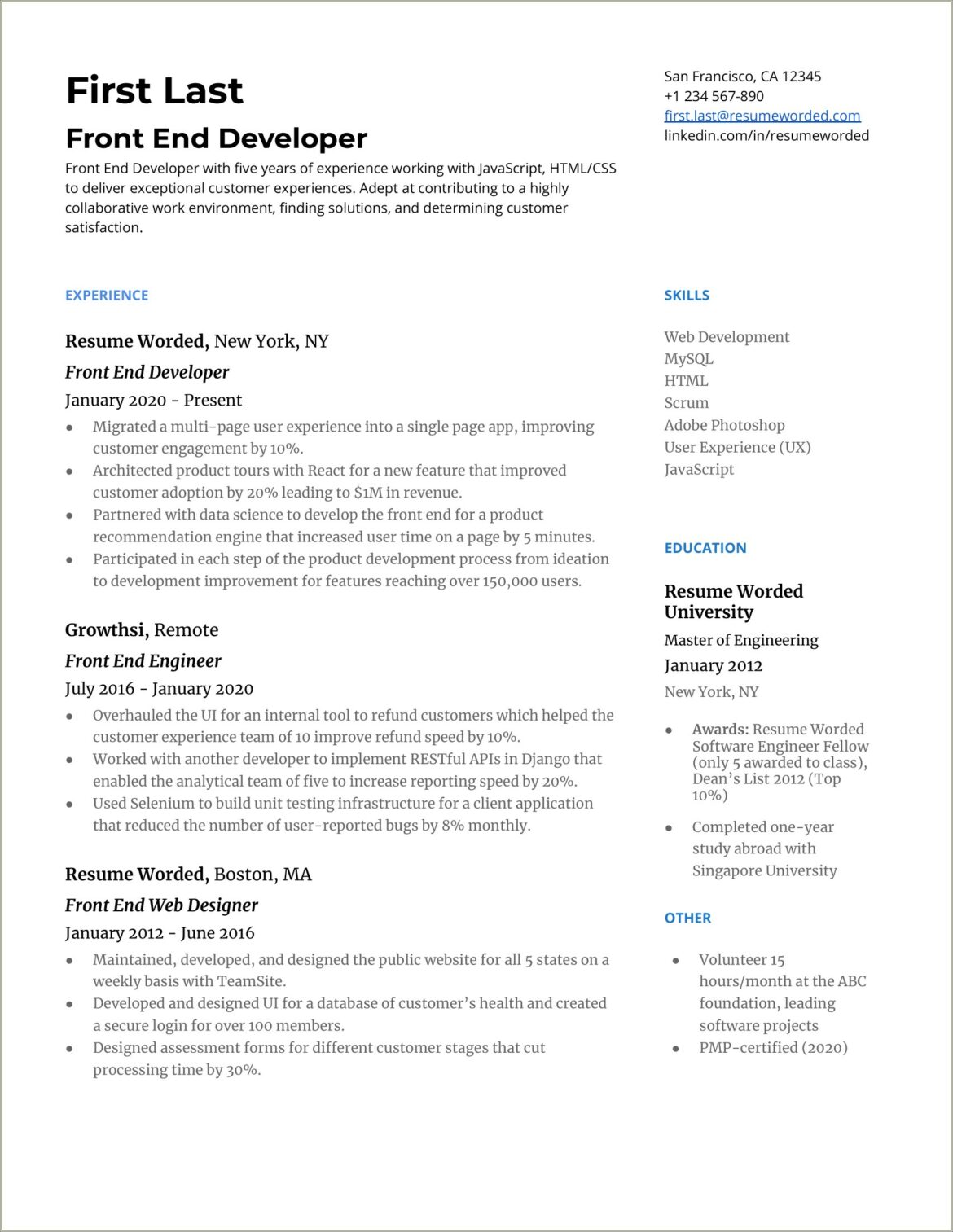 Junior Front End Developer Professional Summary For Resume