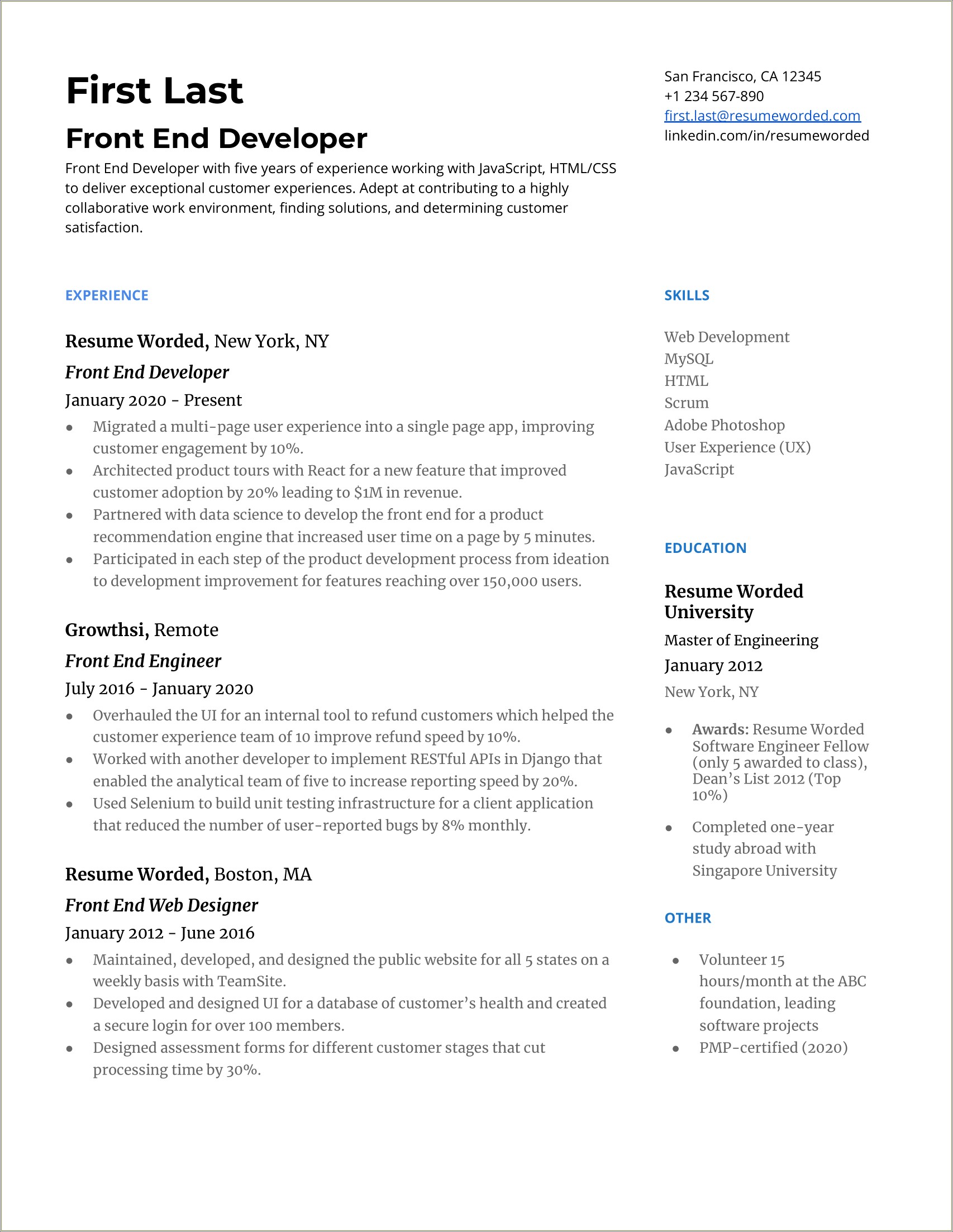 Junior Front End Developer Professional Summary For Resume