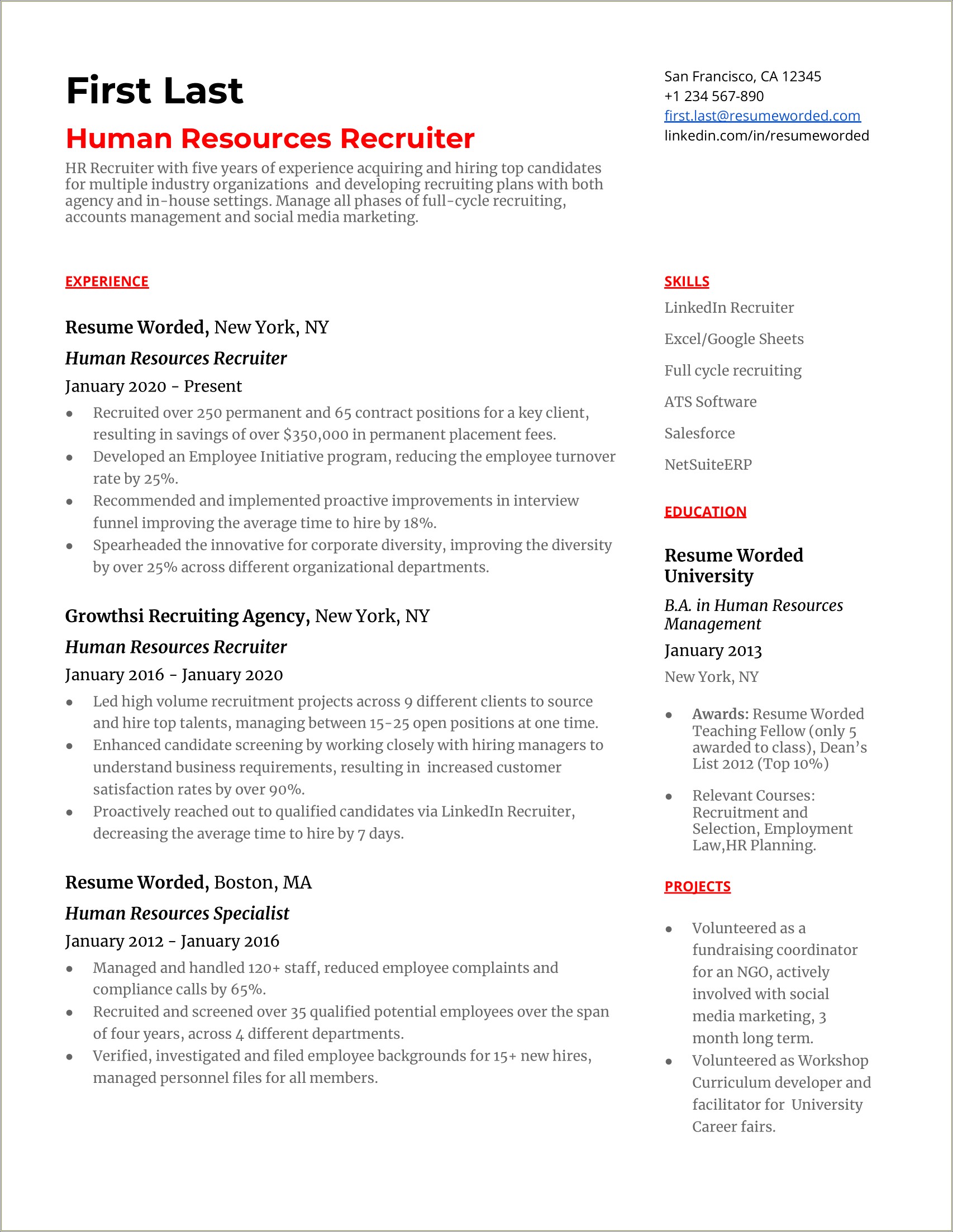 Junior Human Resource Business Partner Sample Resume