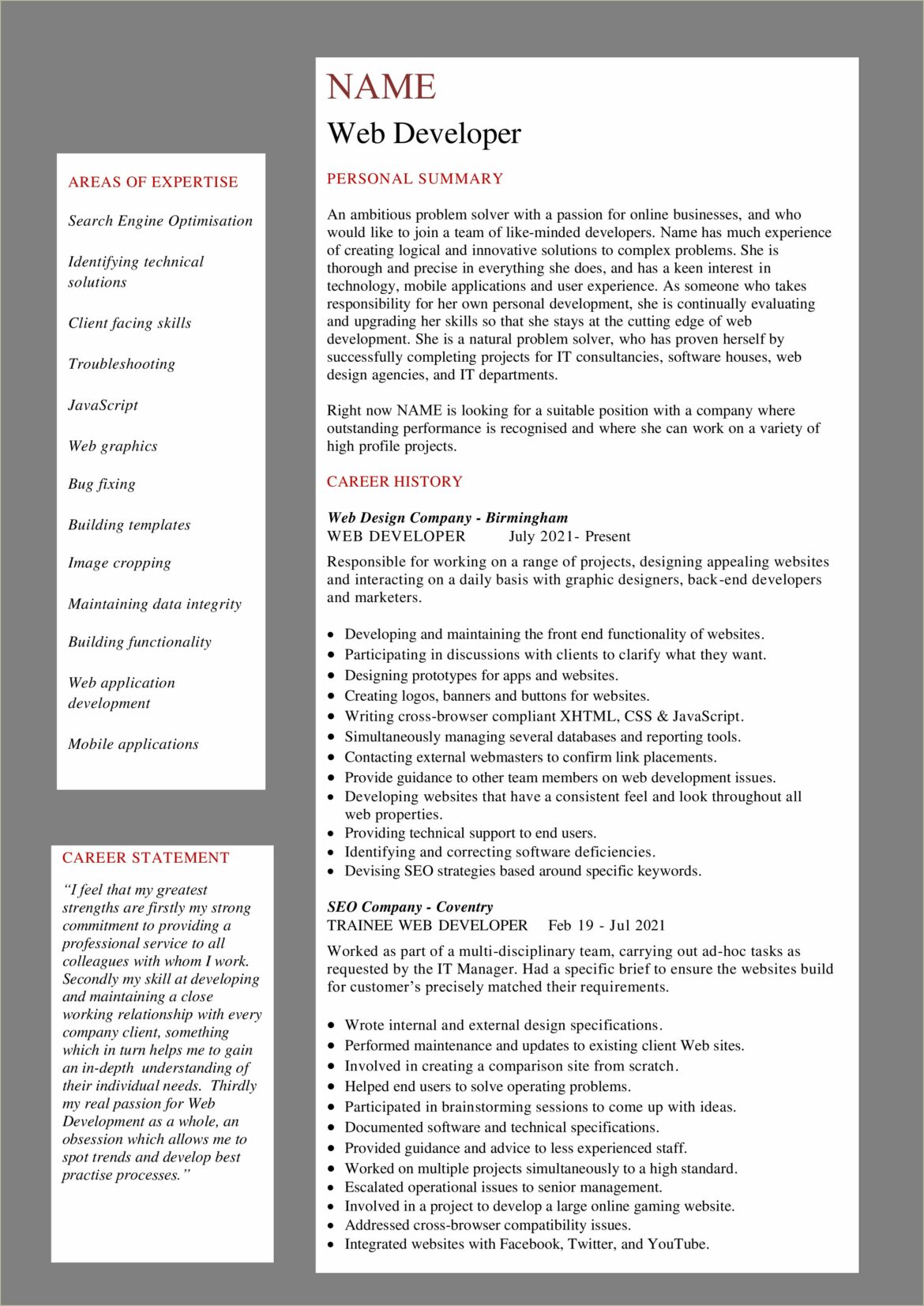 Junior Web Developer Resume Summary Examples