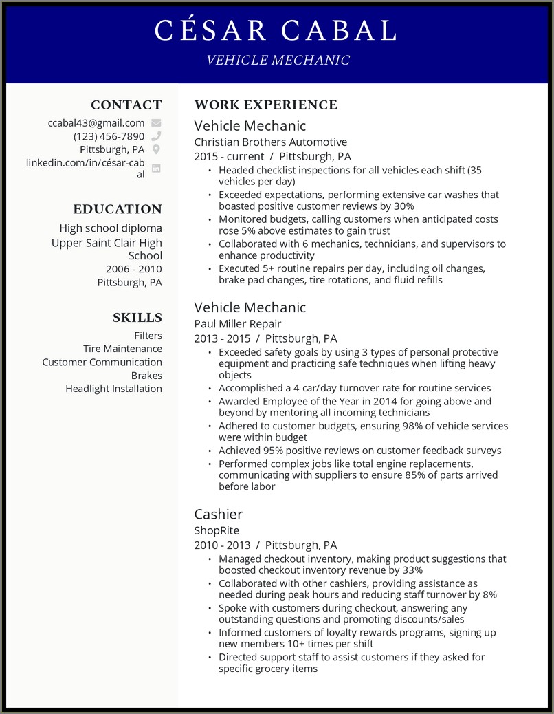 Just Tires Store Manager Resume Example