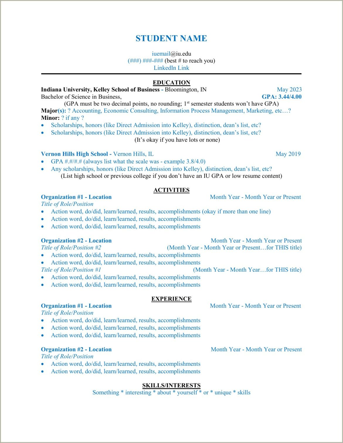 Kelly School Of Business Resume Template