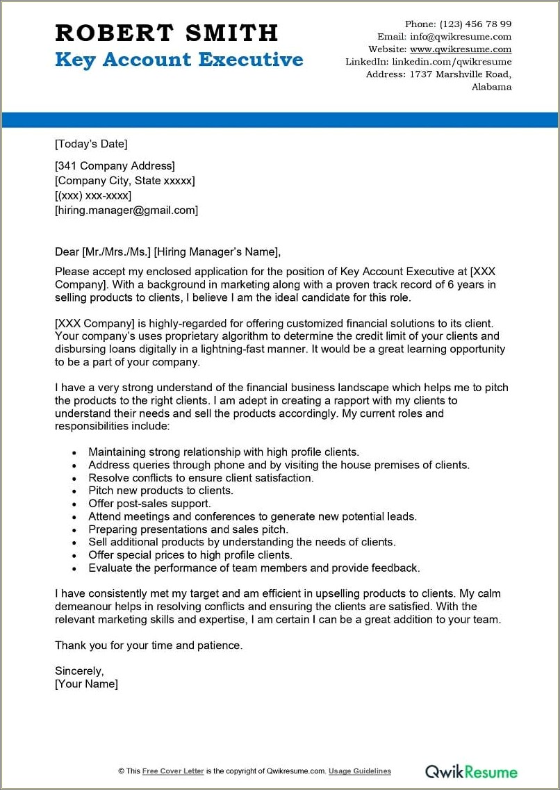 Key Account Manager Resume Cover Letter
