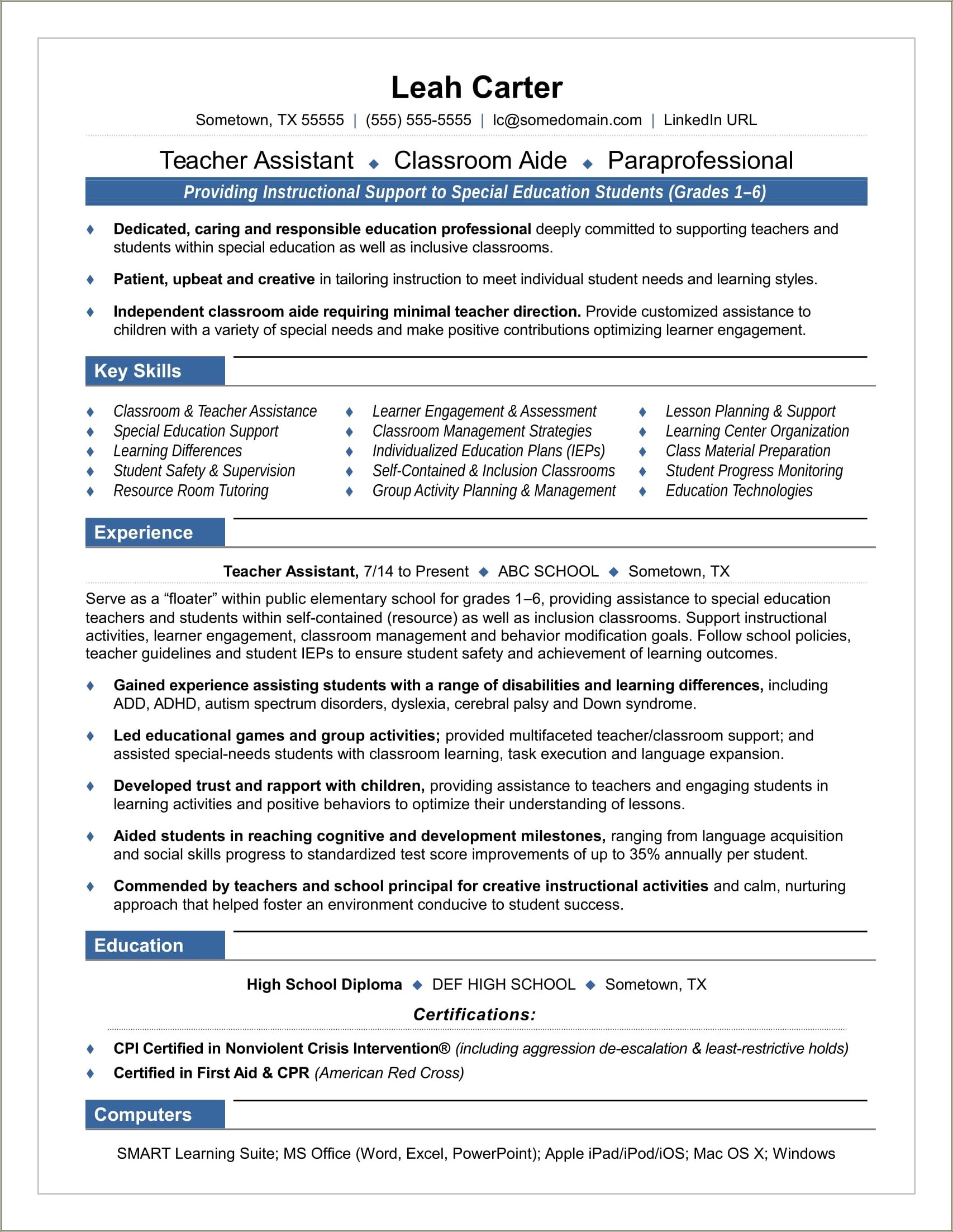 Kindergarten Teacher Assistant Job Description For Resume
