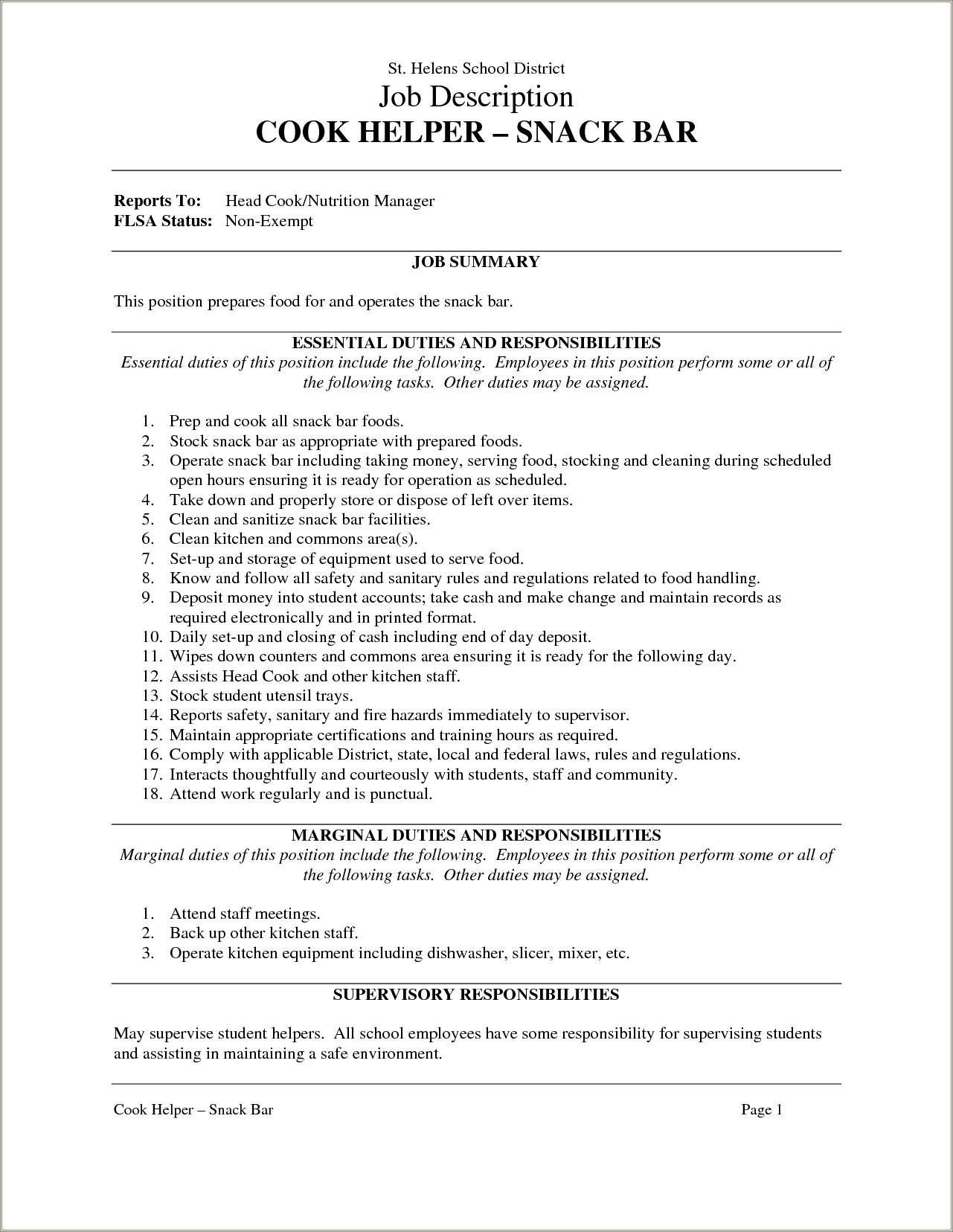 Kitchen Helper Job Description For Resume
