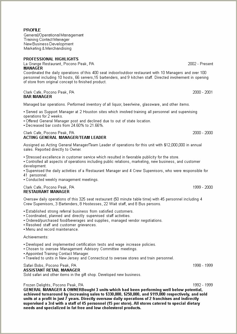 Kitchen Manager To General Manager Resume
