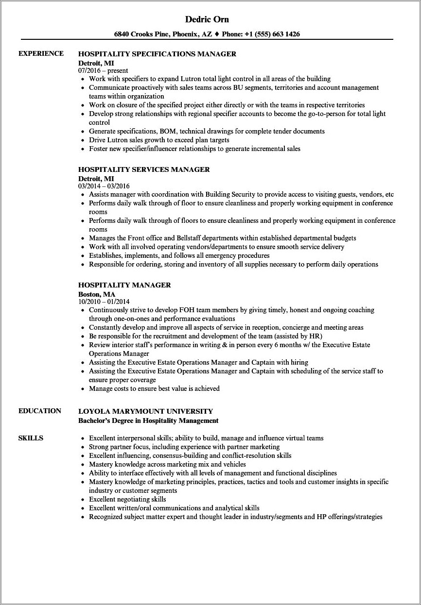 Knowledge Of Hotel Management On Resume