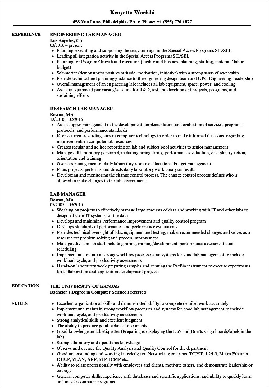 Lab Manager Job Description For Resume