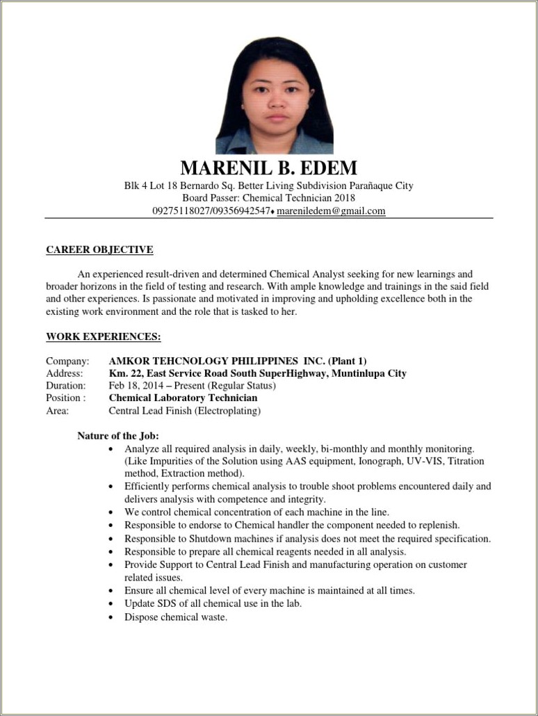 Lab Technician Job Description Resume Electroplating